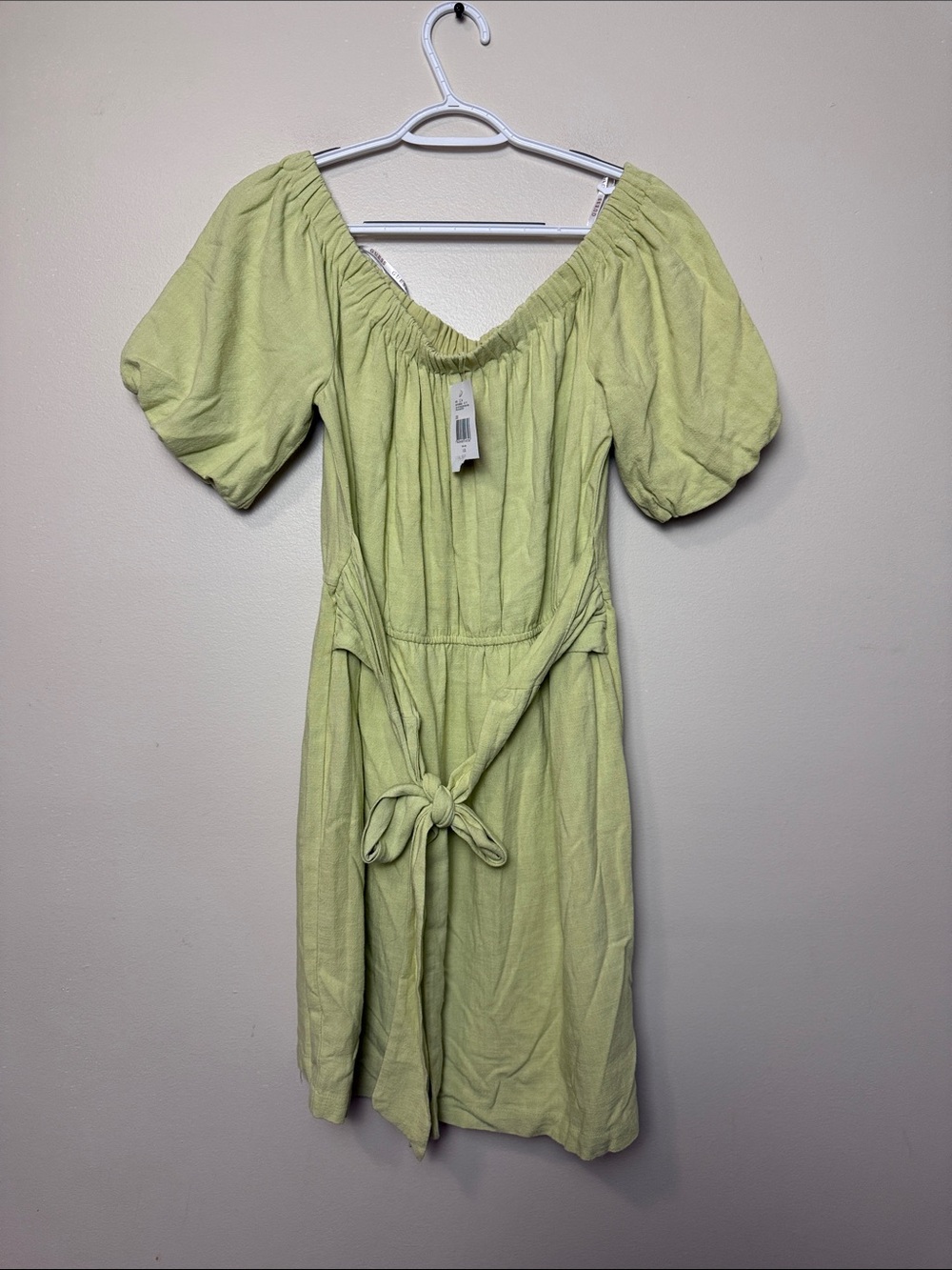Guess Light Lime Puff Sleeve Midi Linen blend lined Dress size L